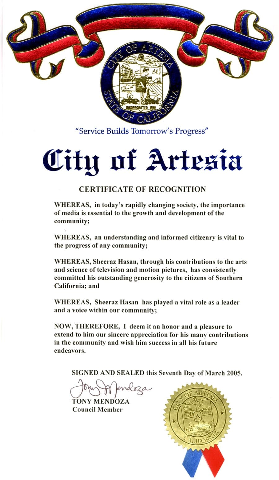 Scanned certificate of recognition from Artesia civic body, issued to Sheeraz Hasan, 2005