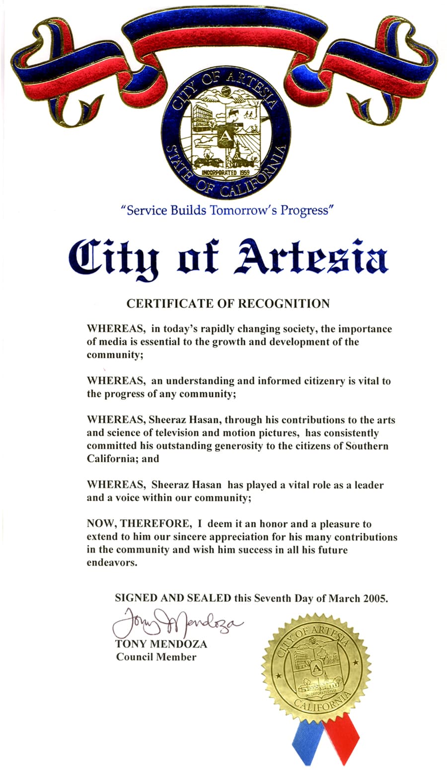 Scanned certificate of recognition from Artesia civic body, issued to Sheeraz Hasan, 2005