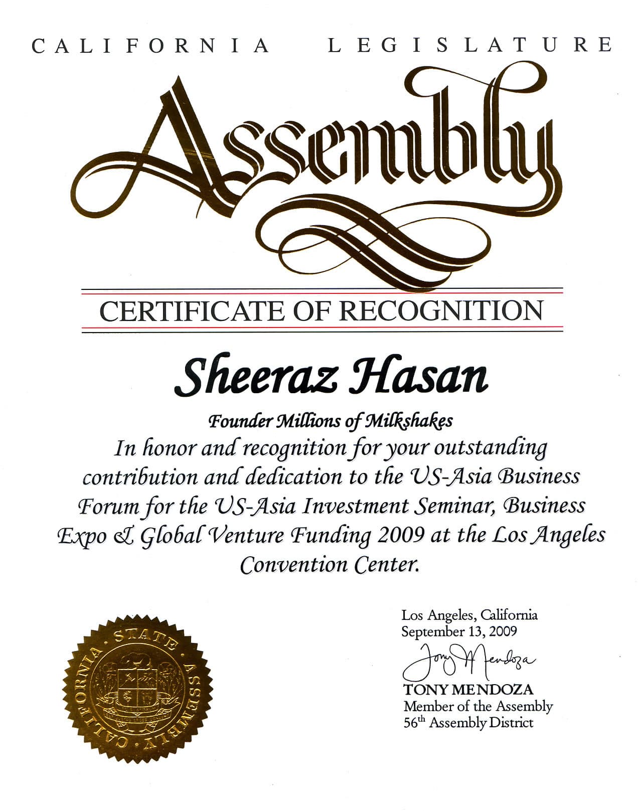 Scanned certificate of recognition from California State Assembly, issued to Sheeraz Hasan, September 13, 2009