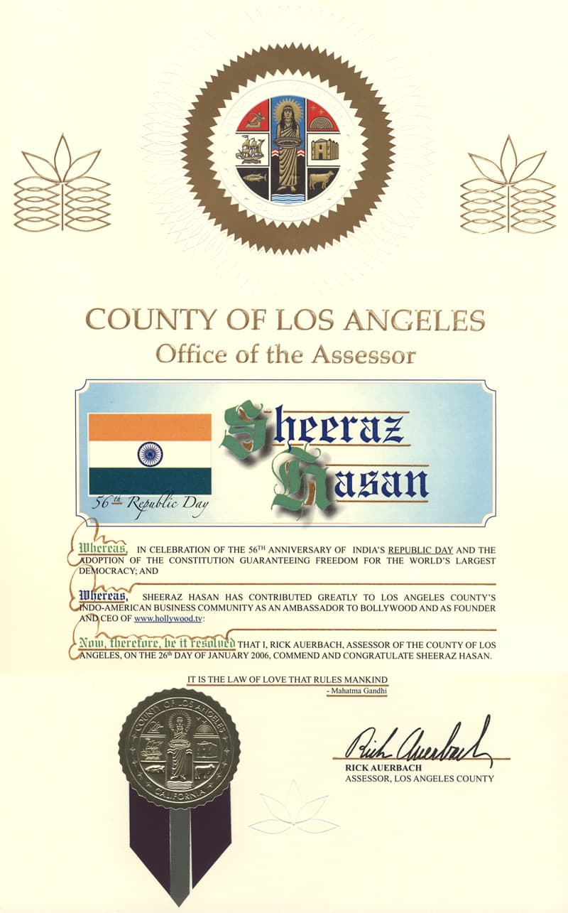 Scanned certificate of recognition from County of Los Angeles, issued to Sheeraz Hasan, January 26, 2006