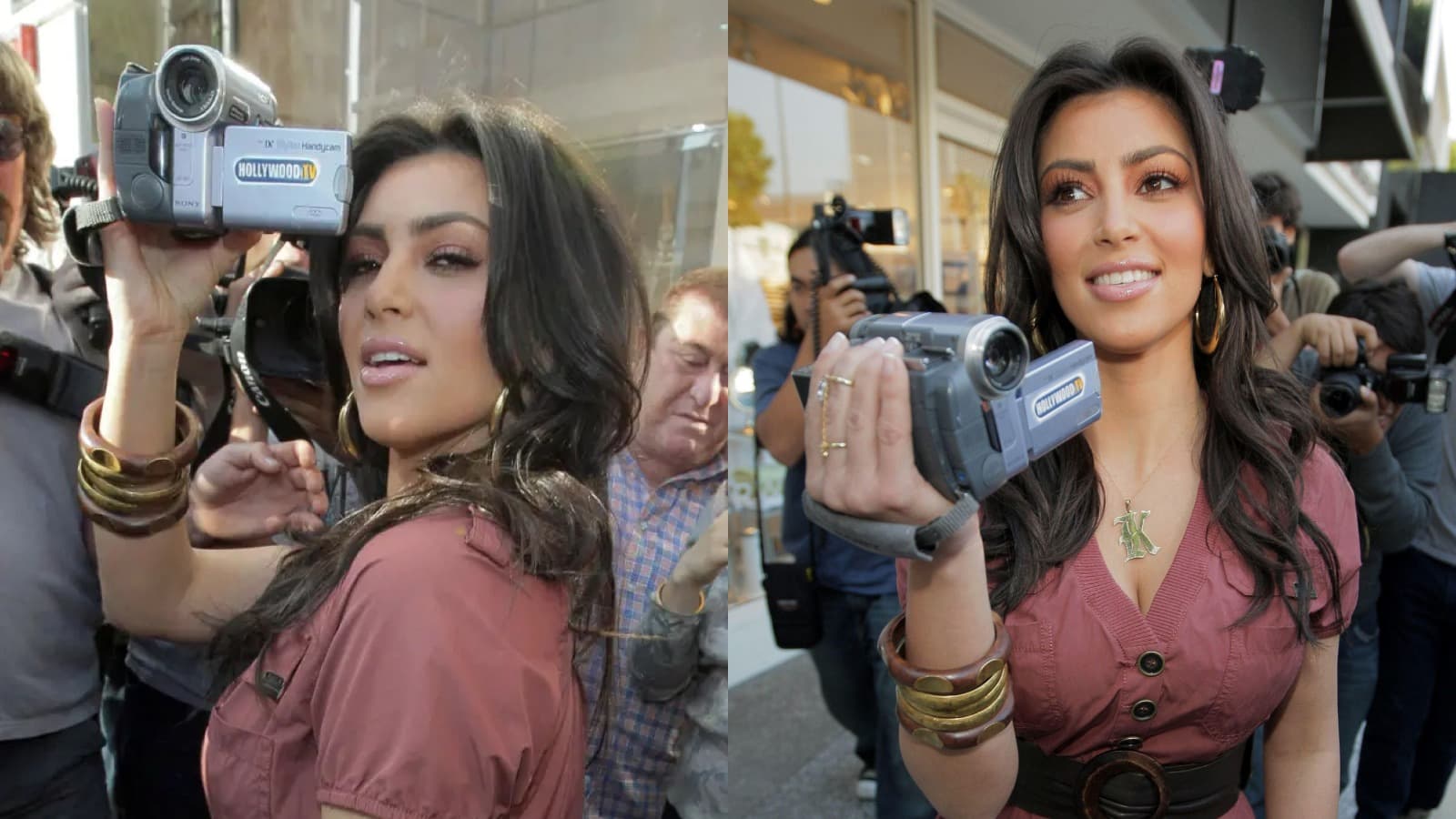 Kim Kardashian holding Hollywood.TV cameras in a paparazzi line