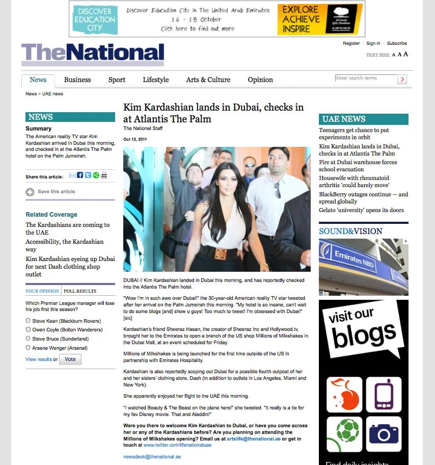 The National reporting Kim Kardashian's arrival in Dubai