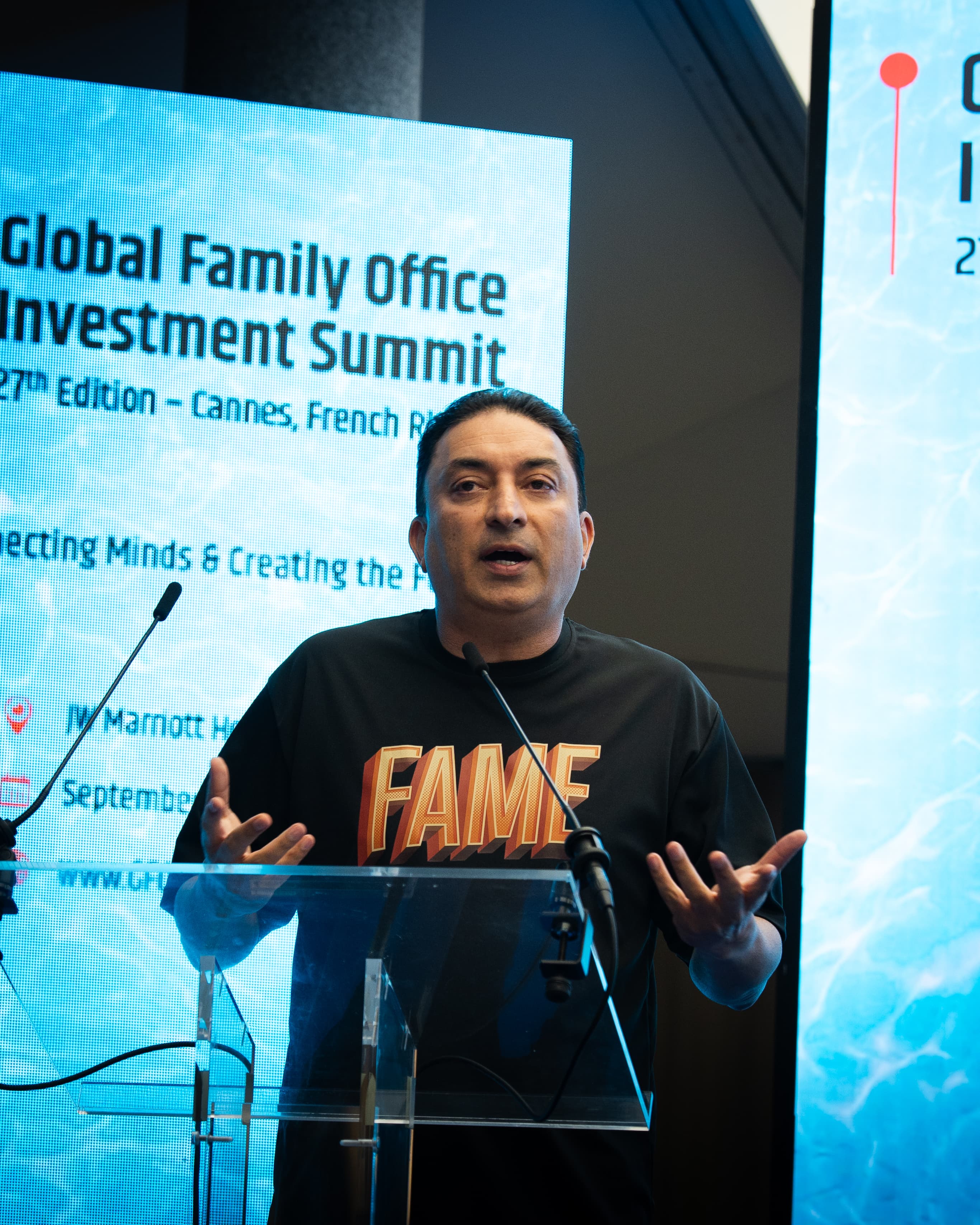 Sheeraz Hasan speaking at the Global Family Office Investment Summit in Cannes