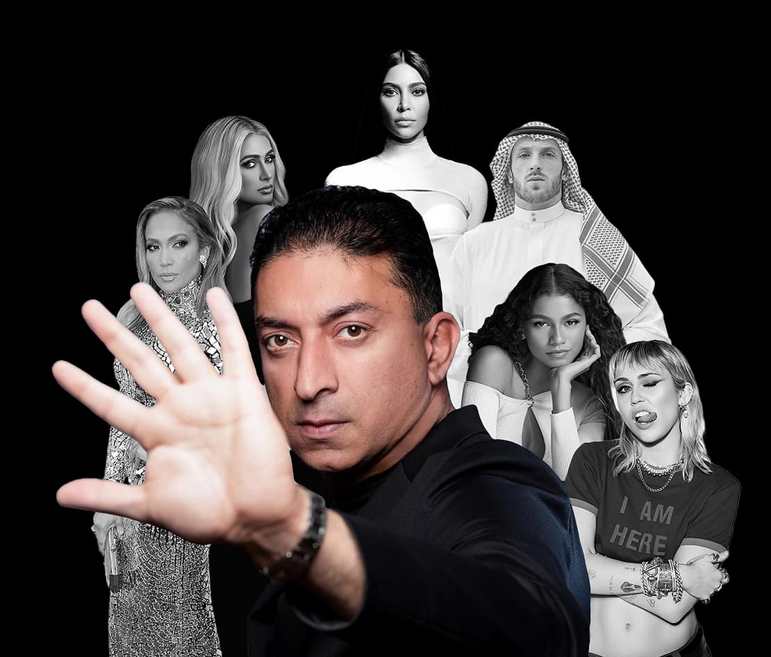 Collage of Sheeraz Hasan, Kim Kardashian, Paris Hilton, Jennifer Lopez, Zendaya, Miley Cyrus and Logan Paul