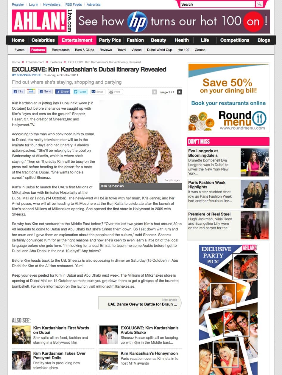 Archived Ahlan! screenshot: “Exclusive: Kim Kardashian’s Dubai Itinerary Revealed”, 4 October 2011