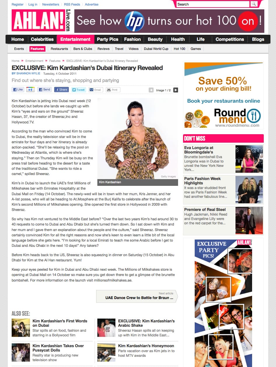 Archived Ahlan! screenshot: “Exclusive: Kim Kardashian’s Dubai Itinerary Revealed”, 4 October 2011