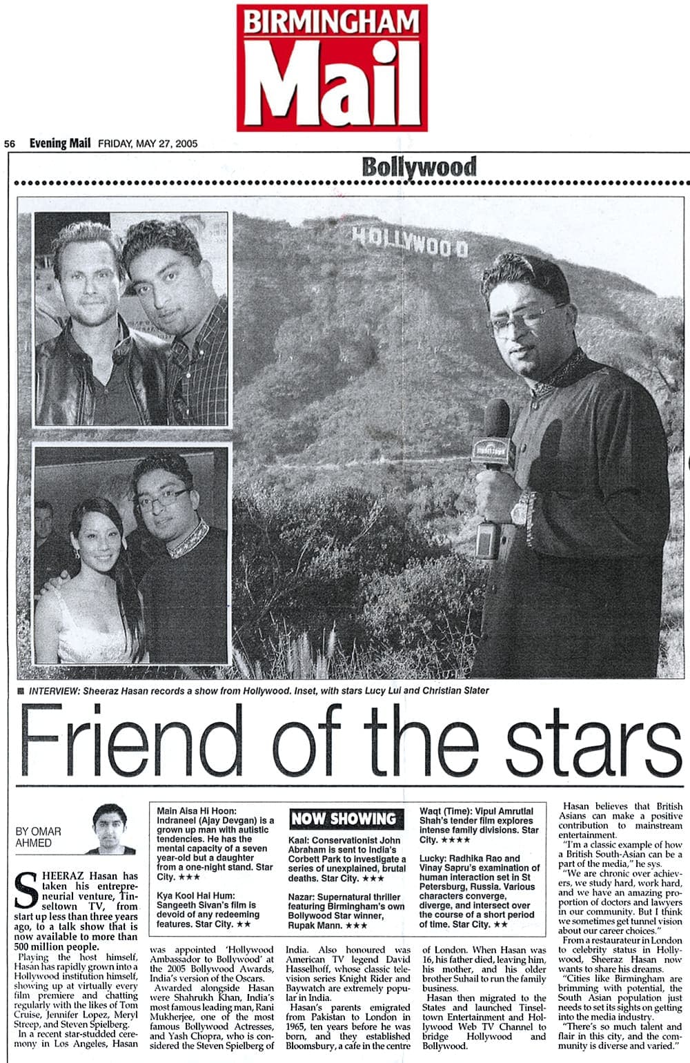 Birmingham Mail feature showing Sheeraz Hasan recording Tinseltown TV from Hollywood