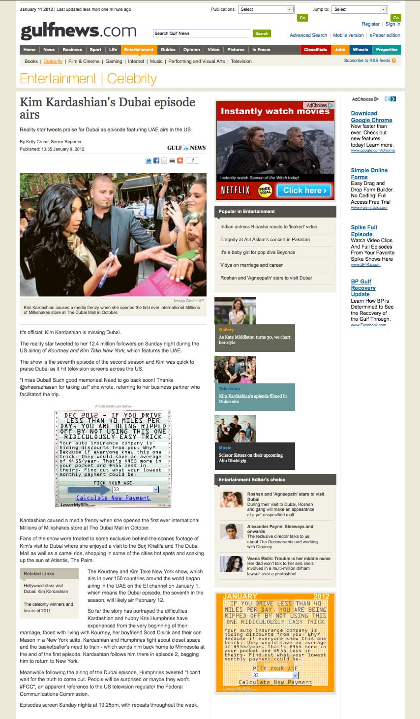 Gulf News article about Kim Kardashian's Dubai visit airing in the United States