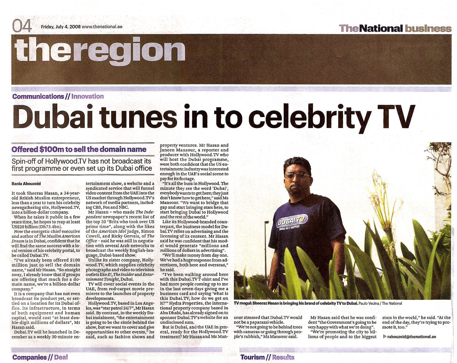 The National reporting on Sheeraz Hasan, Hollywood.TV and Dubai.TV