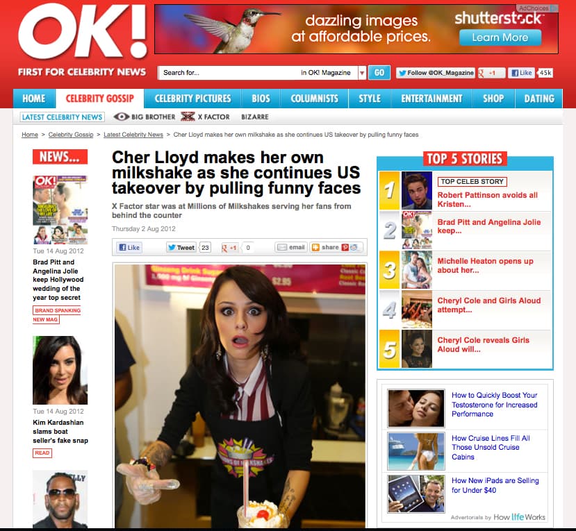 OK Magazine article showing Cher Lloyd making a signature milkshake